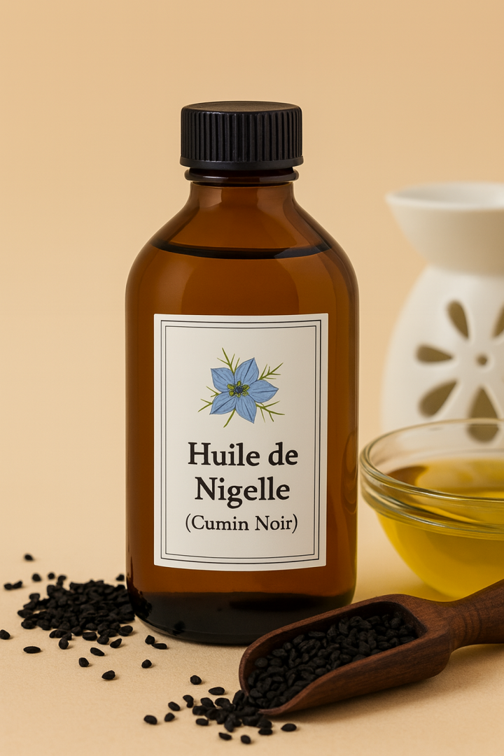 L'huile de nigelle renforce le système immunitaire, combat l'acné et l'eczéma.<br><b>Prix : 25 € le litre</b>